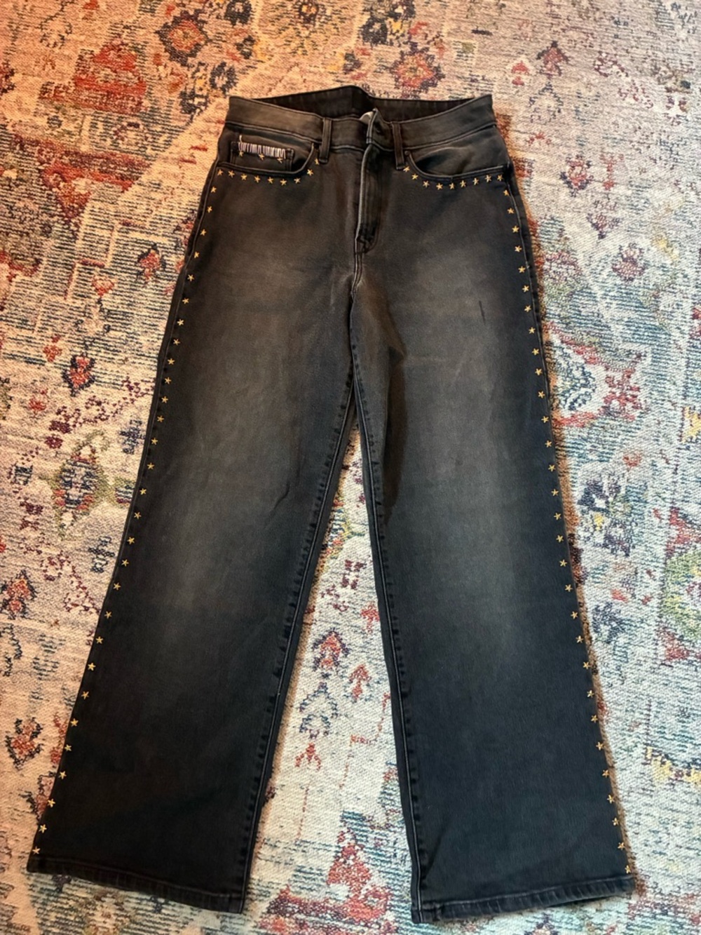 Porter Blue Black Wide Leg Jeans with Gold Star Stud Trim